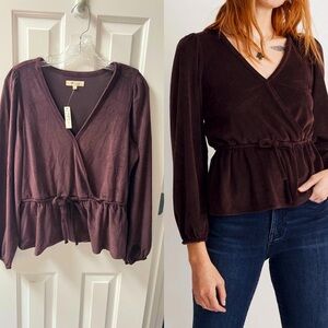 Madewell Faux Wrap Peplum Corduroy Top in Deep Plum / Purple / Brown Size M